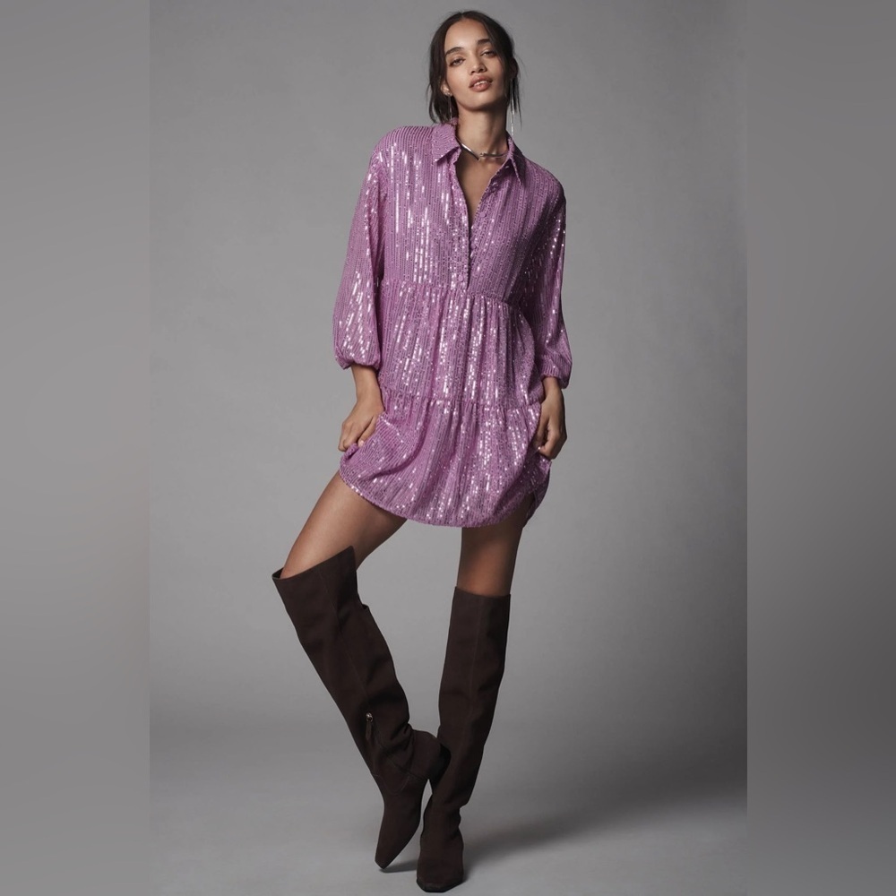 NWT! Anthropologie Bettina Tiered Shirt Dress by Maeve: Mini Sequin Edition 🌐